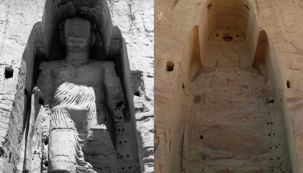 Statue de Bouddha à Bamiyan, avant et après destruction / ©UNESCO/A Lezine;Tsui - CC BY-SA 3.0 Wikimedia Commons