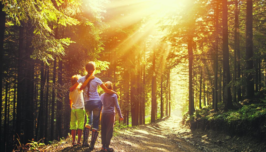 ©istock / Une femme et deux enfants en forêt regardent le soleil qui perce à travers les arbres